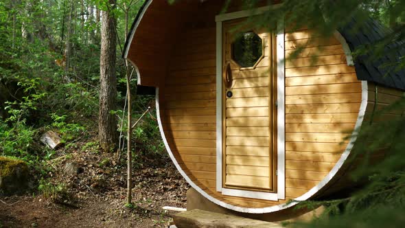 bath barrel in the rays of light stands in the forest