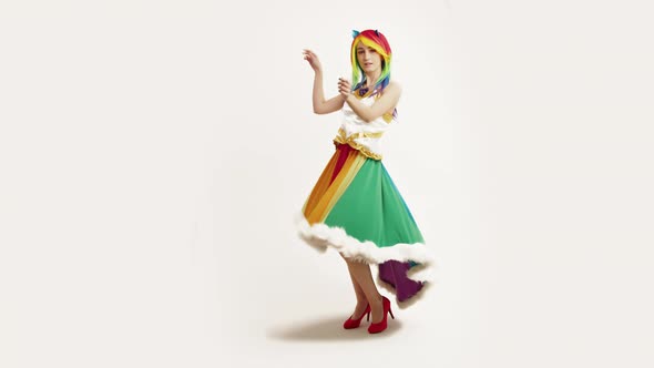 Cosplay Posing Caucasian Woman Rainbow Dash White Background Full Studio Shot