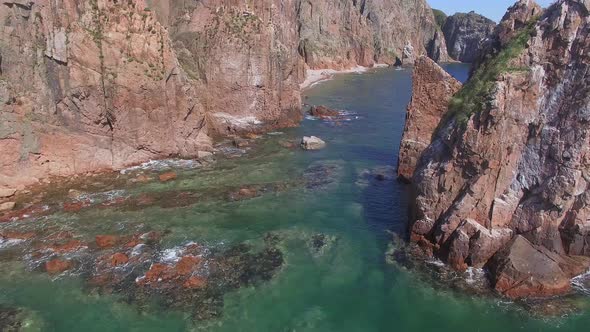 View From a Drone of the Coastline with a Rocky Coast and Rocks