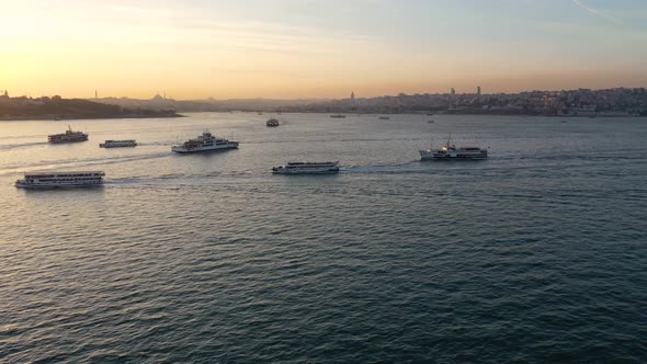 Aerial tracking of cruise ship in istanbul Bosphorus 