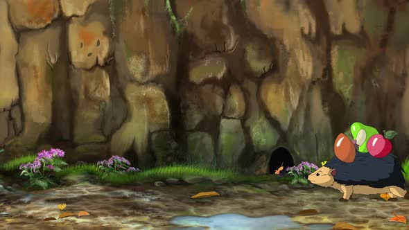 Hedgehog carries apples and mushrooms 4K alt