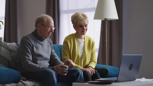 Happy Grandmother and Grandfather are Chatting By Online Video Chat in Laptop with Friends or Family