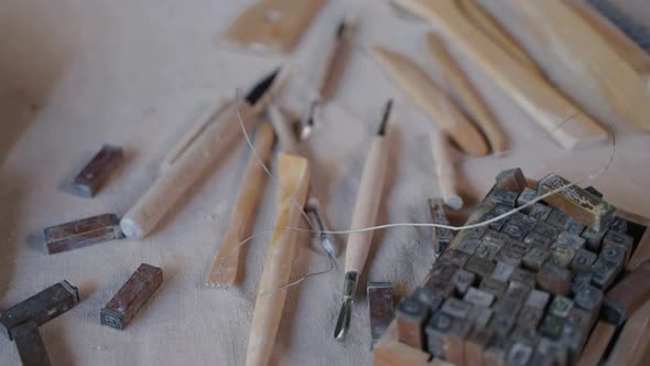 Tools of Craftsman Artist or Sculptor in Workshop Pottery Studio