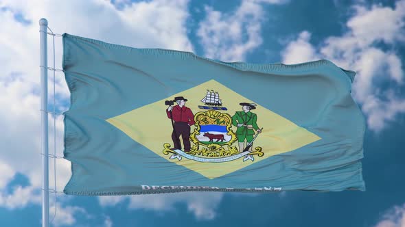 Delaware Flag on a Flagpole Waving in the Wind in the Sky