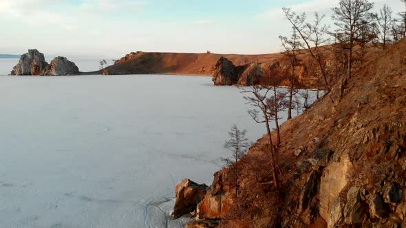 Lake Baikal in Spring with a Frozen Surface of Water Ice