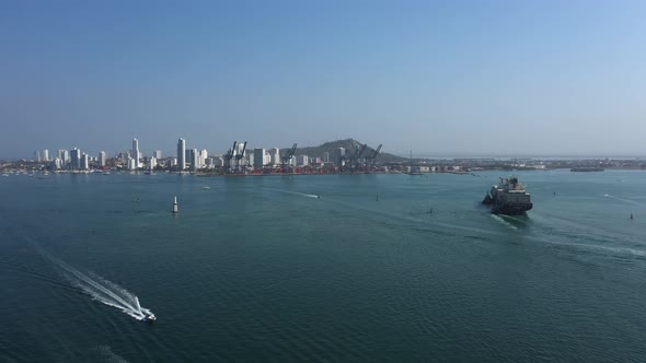 Cargo Ship Enters the Cargo Port in Cartagena Colombia