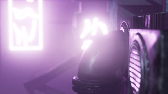 Neon Lights in Soft Focus on Street with Fog at Night alt