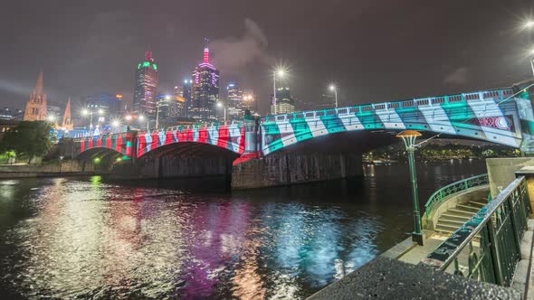 Night Time Lapse of Christmas Light Projections on Princes Bridge Flinders Street Melbourne Victoria