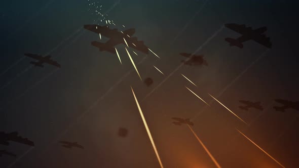 Squadron of planes flying with fiery trails of flak streaking up towards them.