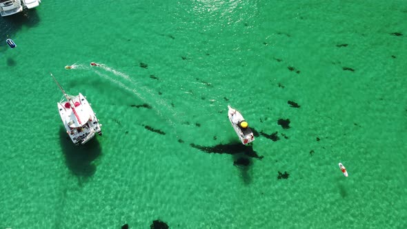 Aerial Panoramic View of Seascape with Crystal Clear Azure Sea and Rocky Shores