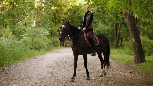 Atractive Woman Riding Beautiful Brown Horse in Park