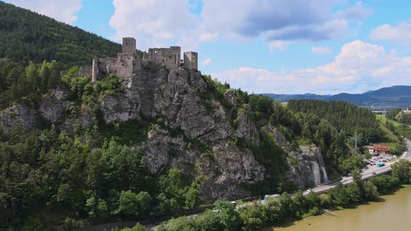 Aerial view of the castle in the village of Strecno in Slovakia