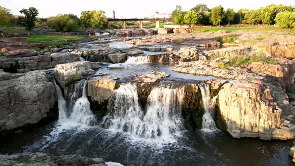 Aerial View of Sioux Falls Park in South Dakota with Rail bridge across the Big Sioux River