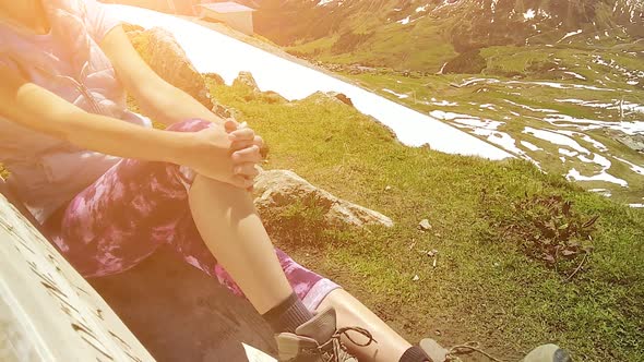 Woman on Bench of Aroser Weisshorn Sunset