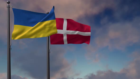 Denmark Flag Waving Along With The National Flag Of The Ukraine - 4K