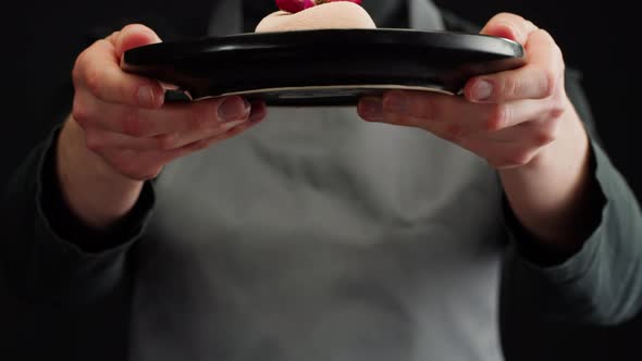 Woman Chef Holding Mousse Pink Cake Creamy Dessert Closeup