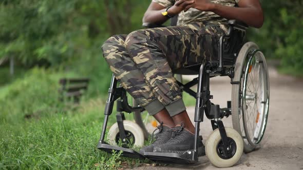 Unrecognizable African American Young Man in Wheelchair Outdoors in Summer Park