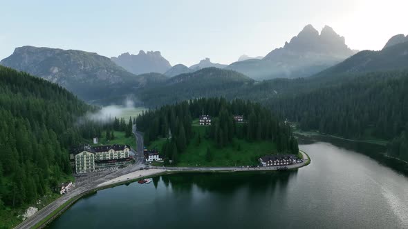 Lake of Misurina, aerial view of Dolomites