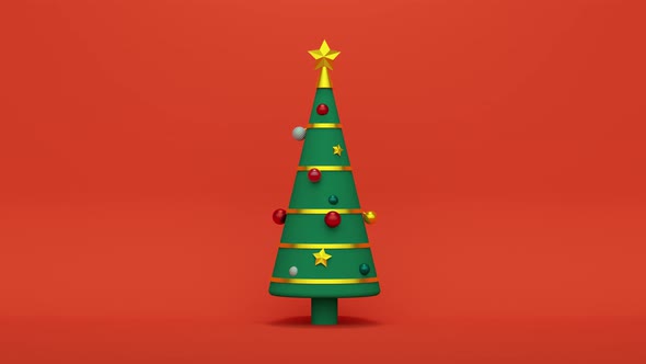 Christmas tree with balls and stars on a red background. Abstract animation