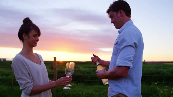 Romantic couple having champagne in field