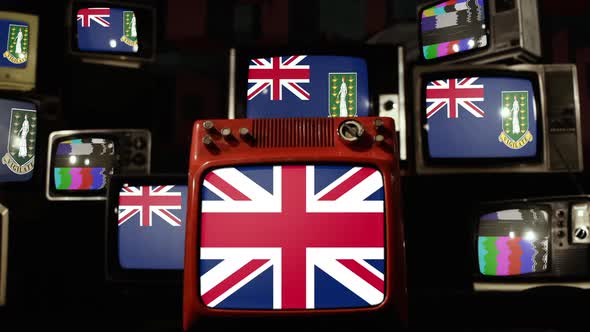 British Virgin Islands flags and UK Flag on Retro TVs.