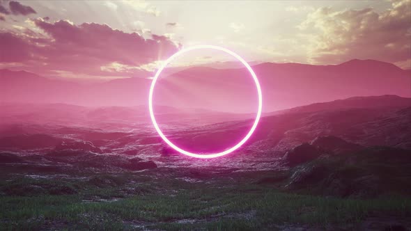 Glowing Pink Circle Light on the Foggy Landscape with Sunset