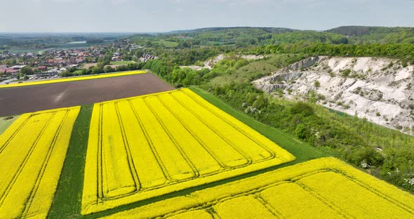 Aerial view of rapeseed field and hillside of Teutoburger Wald, Germany