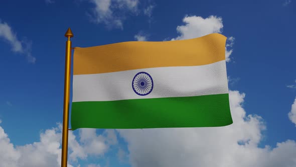National flag of India waving with flagpole and blue sky timelapse