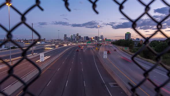 Denver, Colorado Skyline at Dusk with Traffic