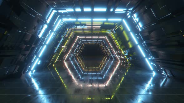 Flying in a Bright Neon Geometric Tunnel