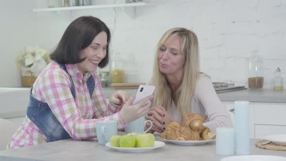 Positive Brunette Caucasian Woman Showing New Smartphone To Friend. Cheerful Women Sitting