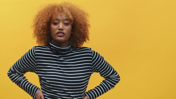 Beutiful Young African American Black Woman Model with Curly Hair in Striped Blouse Posing Over