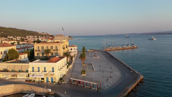 Aerial View of Spetses Old Town and Marina or Seaport Greece  Drone Videography