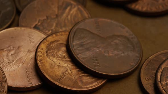 Rotating stock footage shot of American pennies