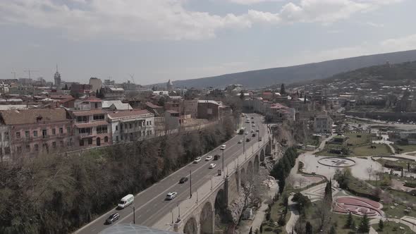 Tbilisi, Georgia - April 5 2021: Aerial view of Baratashvili Bridge and Public Registry.