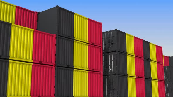 Container Terminal Full of Containers with Flag of Belgium