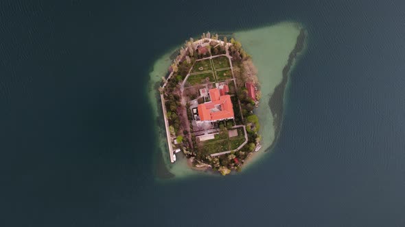 Flying drone over the Visovac monastery.