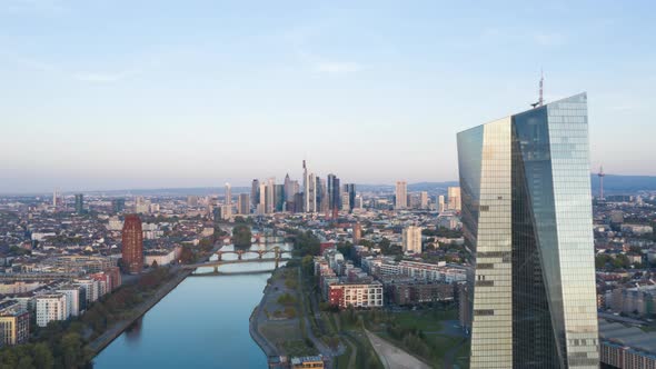 Frankfurt Am Main, Germany Skyline Establisher Sunrise Hyperlapse Moving Time Lapse with European