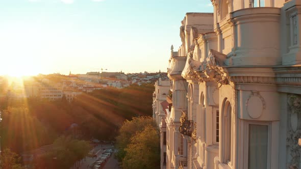 Forwards Fly Along Historic Palace with Decorated Facade