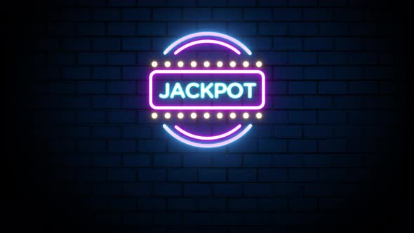 Jackpot Casino Neon Sign on Brick Wall Background 4K