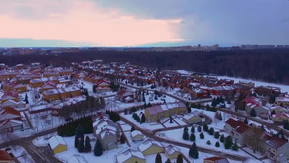 Aerial view of Rosinka, a Moscow, Russia city neighborhood, during a light snow