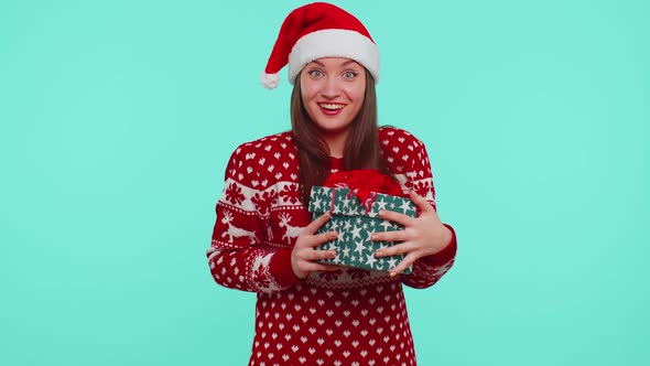 Funny Girl Wears New Year Sweater Deer Antlers Received Present Interested in What Inside Gift Box