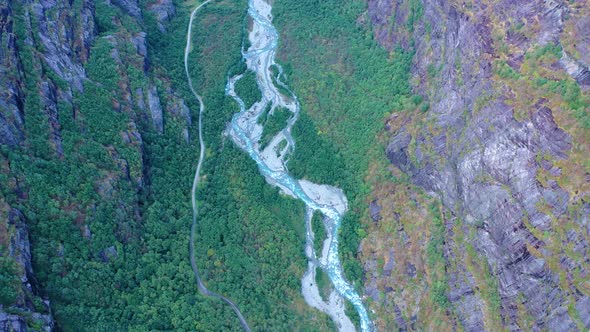 Partially dried River running in a deep gorge