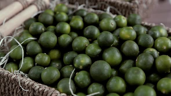 Lime Citrus Fruits In Fruit Market Close Up Lot