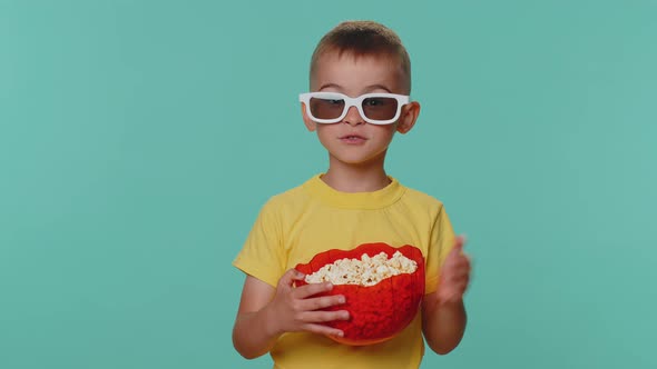 Little Cute Toddler Children Boy Eating Popcorn Watching Comedy Movie Film Cinema Wearing 3D Glasses