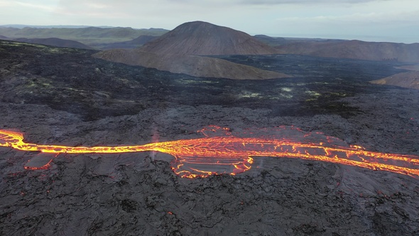 Iceland. Volcanic eruption.Impressive aerial view of the exploding red lava from the Active Volcano.