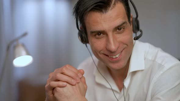 Headshot Portrait of Handsome Confident Middle Eastern Man with Brown Eyes Posing in Home Office