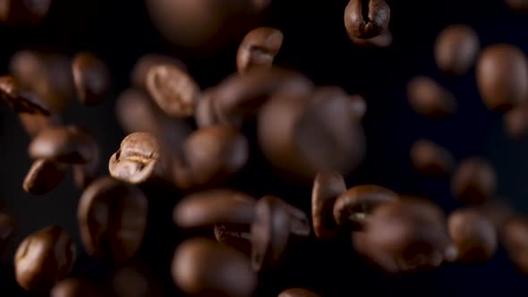 Roasted coffee beans in slow motion. Coffee beans in a free fall.