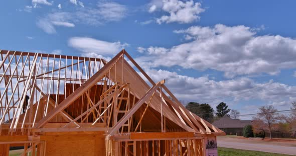 Top View of Roofing Construction with Wooden Roof Frame Built New House