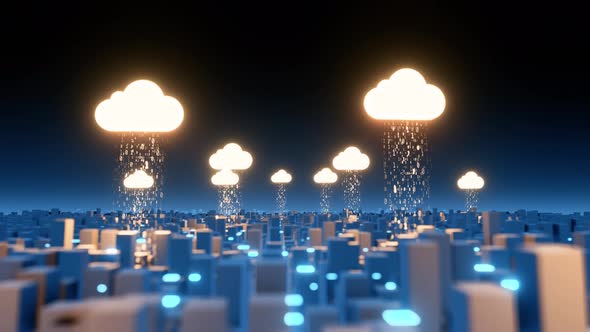 In the city, many people upload digital files. To be stored in the Cloud. cloud icon orange glow.